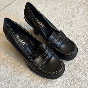 Y2K Mudd Black Platform Loafers Chunky Heel Penny-Style Slip-Ons 2000s Retro